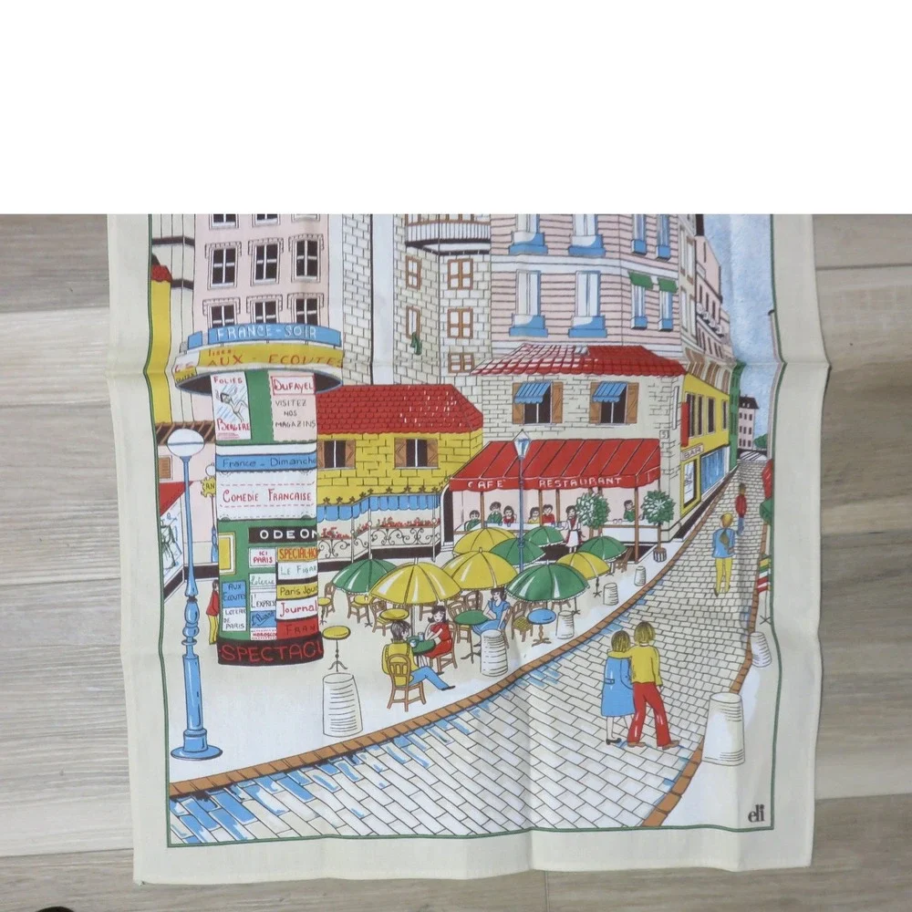Vintage Eli Paris French Street Scene Tea Towel Paris Cafe Kiosk Illustration